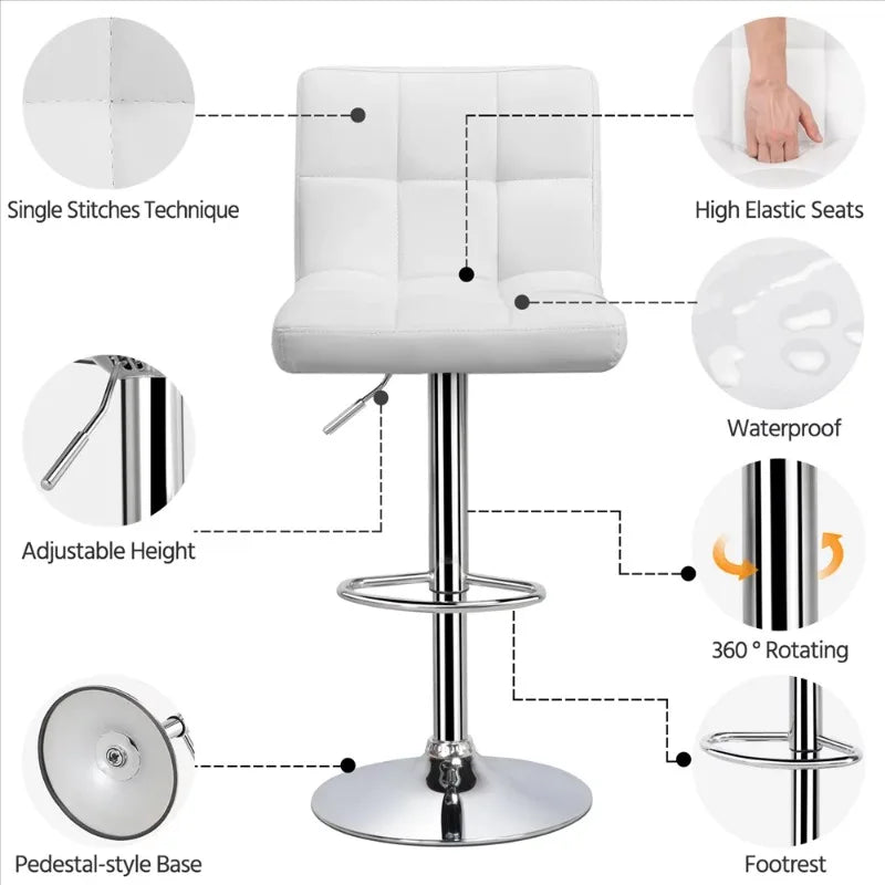 Smile Mart Adjustable Modern Faux Leather Counter-Height Mid-Back Barstool, Set of 2,White bar stools set of 2