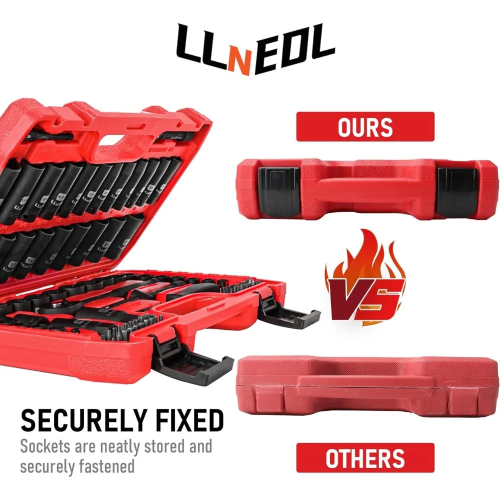 LLNEDL 3/8" Drive Impact Socket Set 95Pcs, Spark Plug Socket (5/8", 13/16"), 6 Point Metric & SAE from 5/16"- 3/4", 8-22mm,