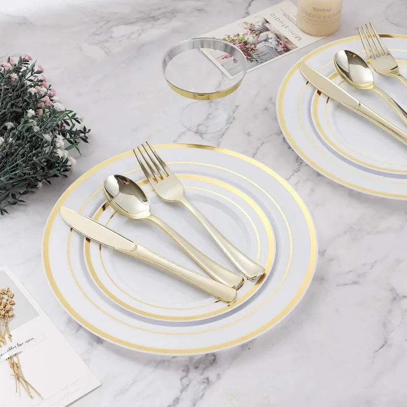 Plastic Dinnerware Set, Disposable Plates , Wedding, Anniversary, Includes: Dinner Plates, Dessert Plates, Cups, Spoons,