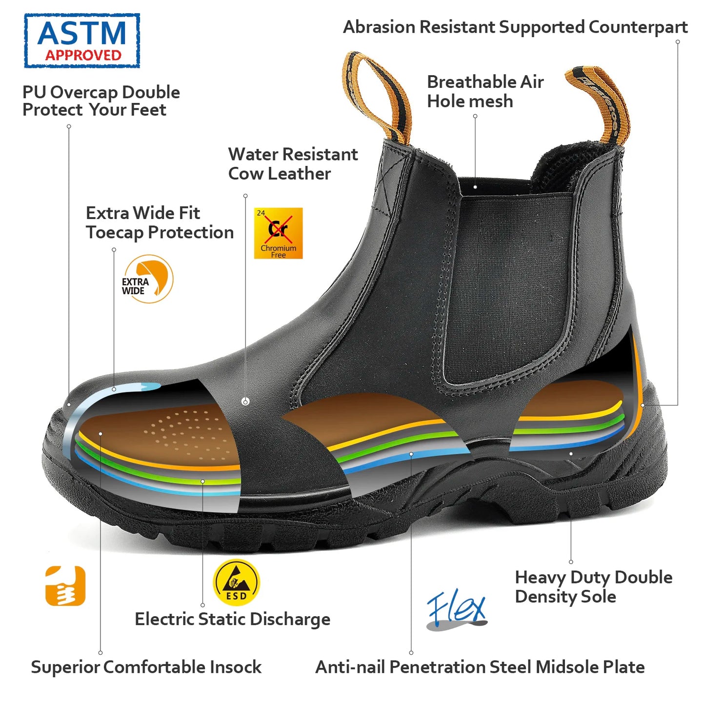 Safety Shoes  With Steel Toe Cap, Waterproof Leather