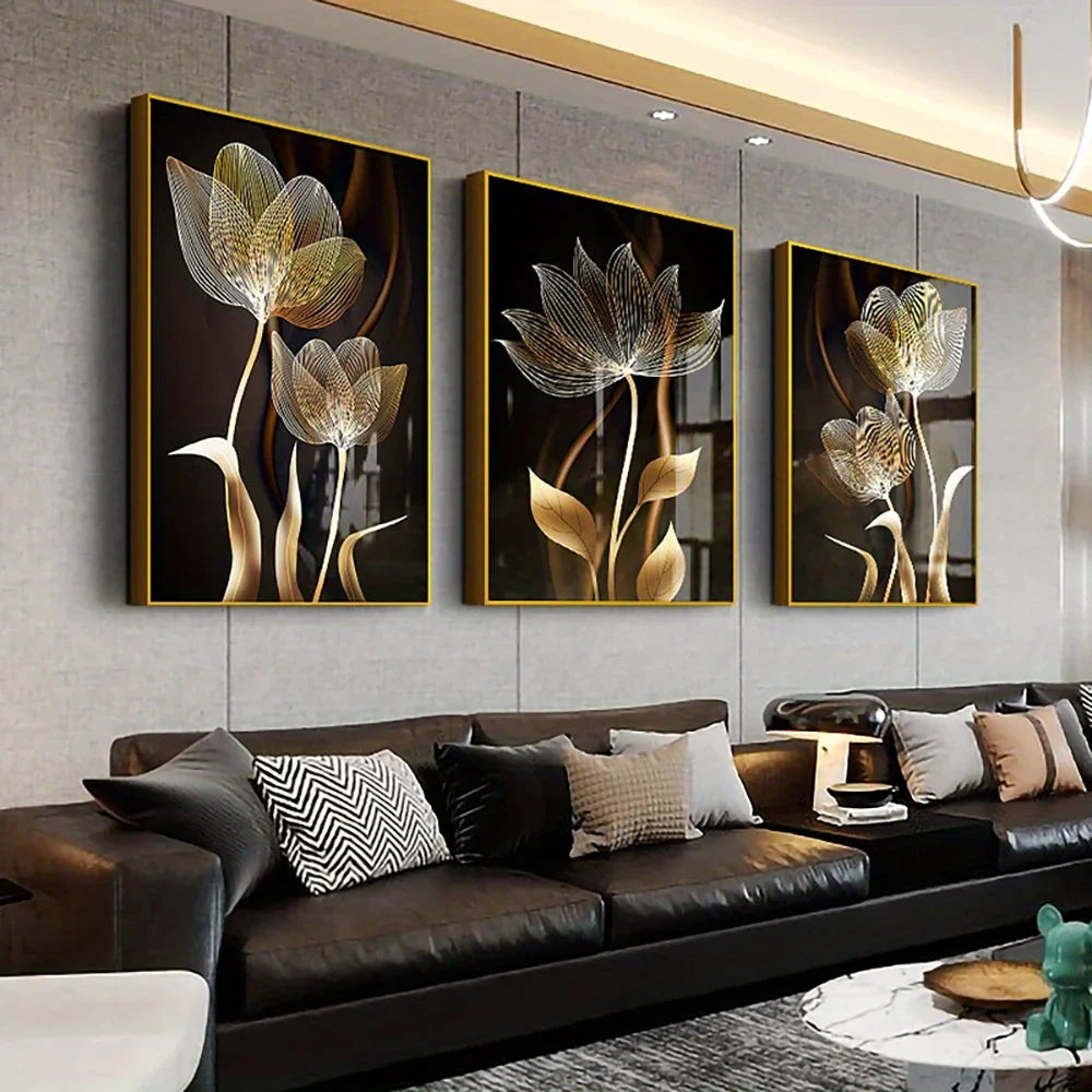 3PCS Black and Golden Flower Wall Art