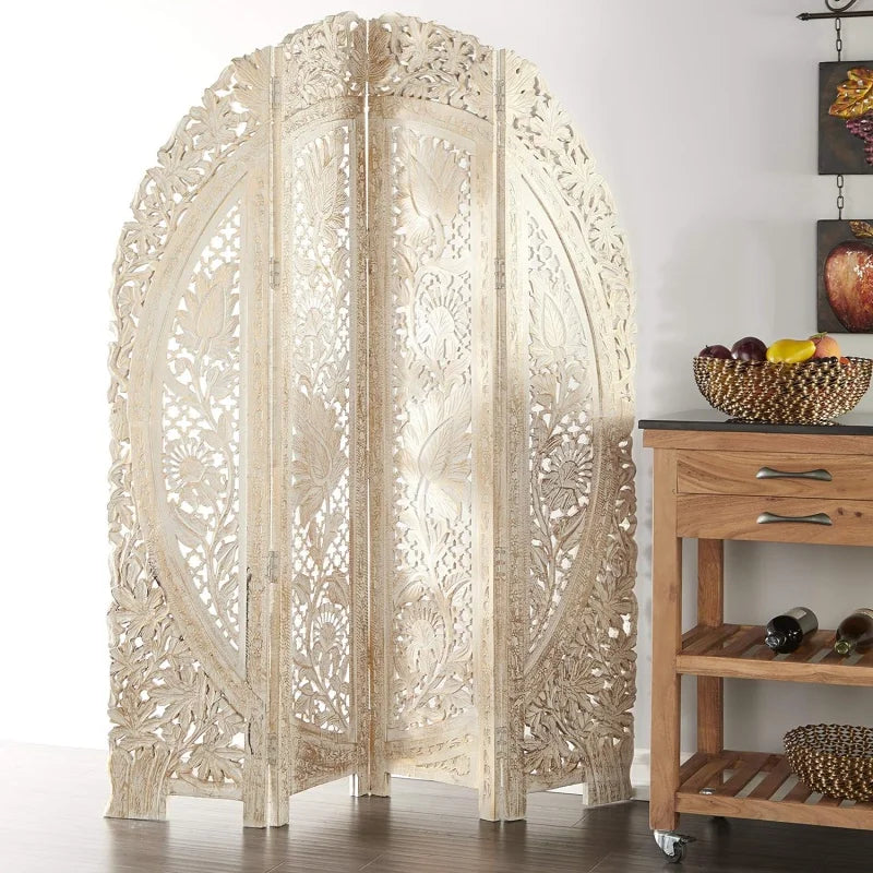 Deco 79 Wood Floral Handmade Partition Room Divider Screen Foldable Arched Partition 4 Panel Privacy Screen with Intricately Car