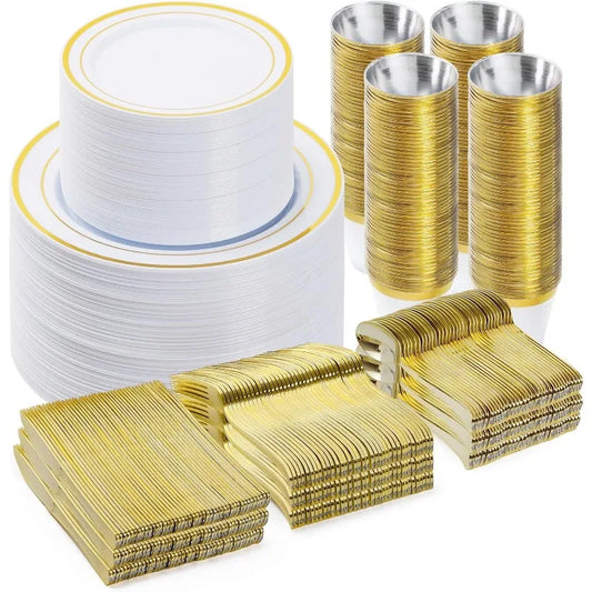 Plastic Dinnerware Set, Disposable Plates , Wedding, Anniversary, Includes: Dinner Plates, Dessert Plates, Cups, Spoons,