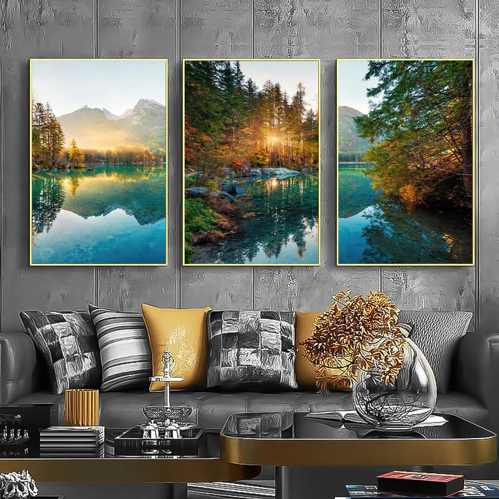 3PCS Nature Sunshine Forest Lake Poster