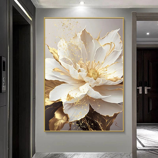 Gold Leaf White Flowers Oil Paintings