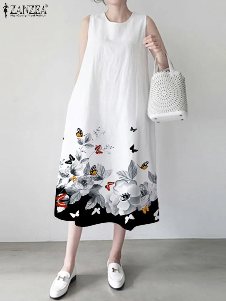 ZANZEA Casual A-line Sundress 2023 Summer Flower Printing Oversize Women Beach Dress Loose Round Neck Sleeveless Vacation Dress