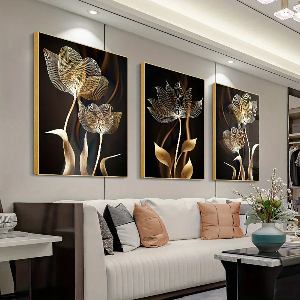 3PCS Black and Golden Flower Wall Art