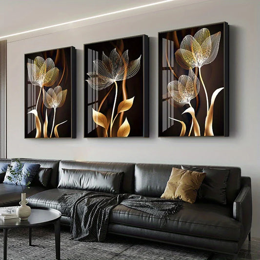 3PCS Black and Golden Flower Wall Art