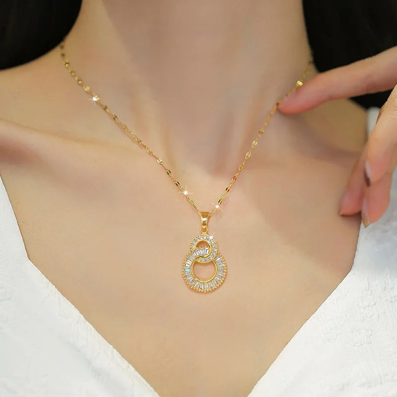 Stainless Steel Gold Color Double Circle Necklace