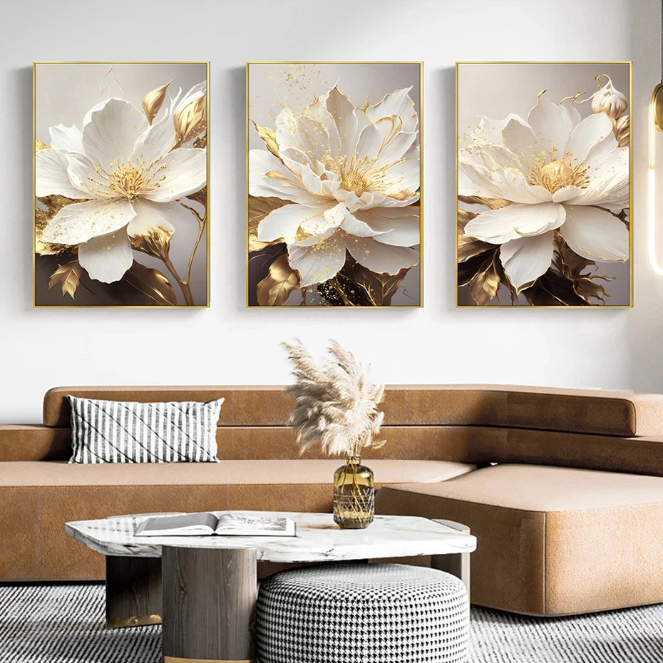 Gold Leaf White Flowers Oil Paintings