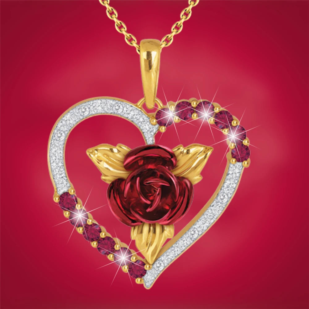 Romantic Heart Shaped Rose Pendant Necklace