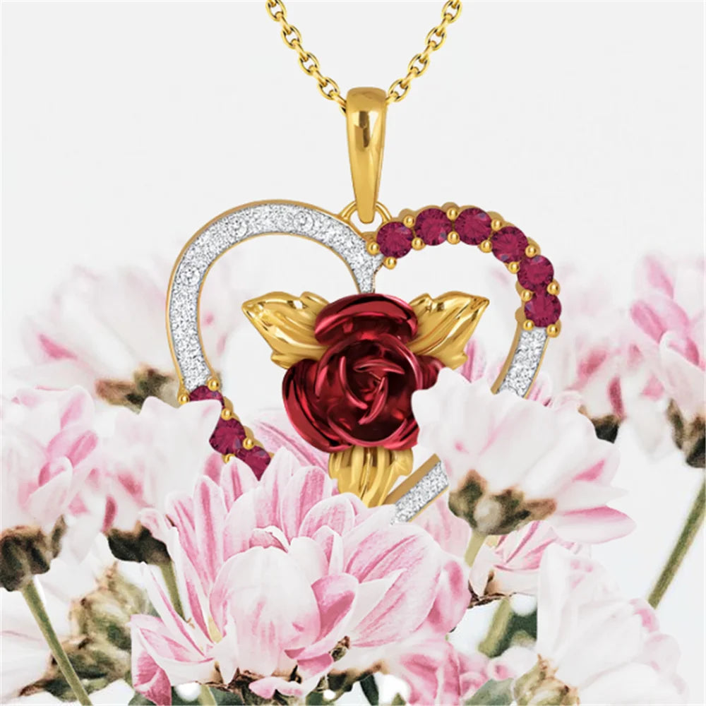 Romantic Heart Shaped Rose Pendant Necklace