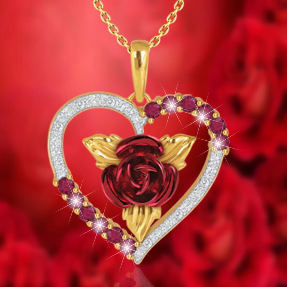 Romantic Heart Shaped Rose Pendant Necklace