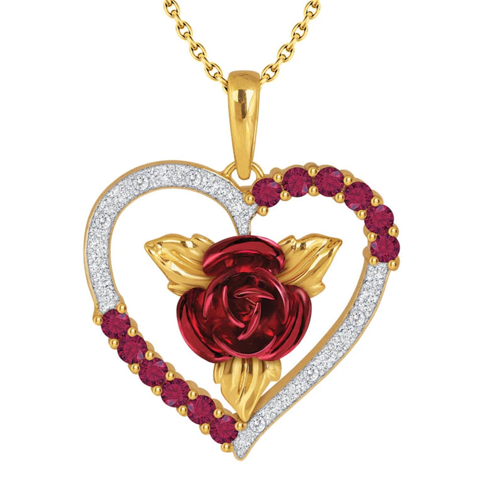 Romantic Heart Shaped Rose Pendant Necklace