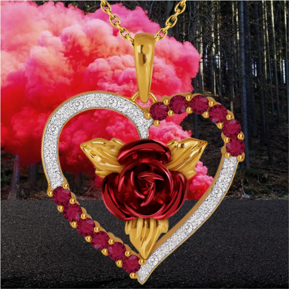 Romantic Heart Shaped Rose Pendant Necklace